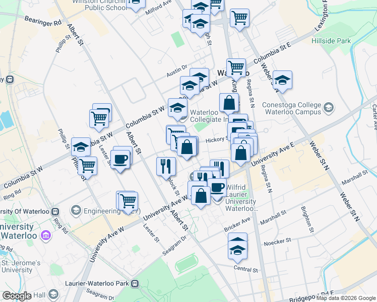 map of restaurants, bars, coffee shops, grocery stores, and more near 277 Hazel Street in Waterloo