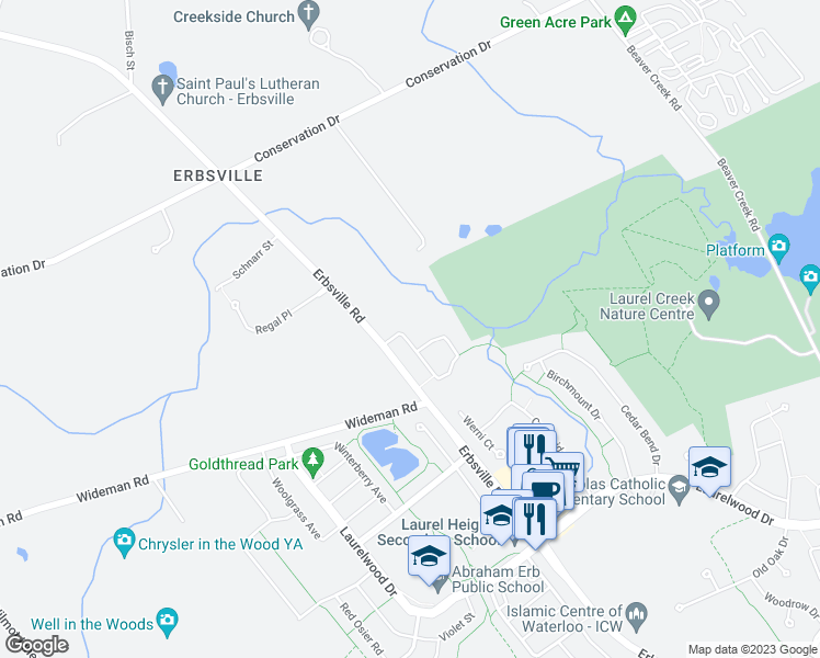 map of restaurants, bars, coffee shops, grocery stores, and more near 510 Forest Gate Crescent in Waterloo