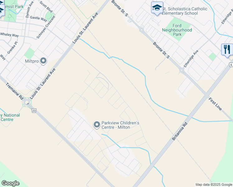 map of restaurants, bars, coffee shops, grocery stores, and more near Louis St Laurent Avenue in Milton