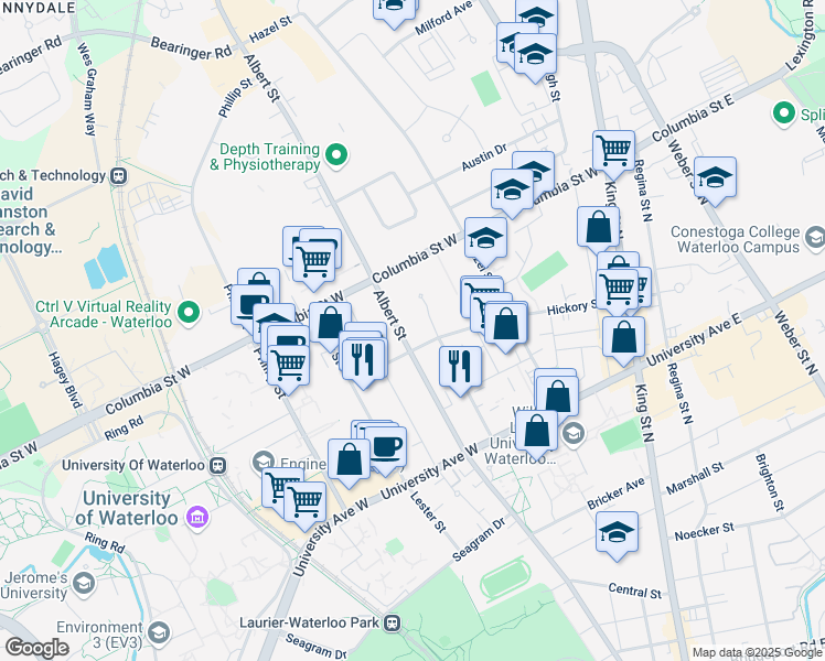 map of restaurants, bars, coffee shops, grocery stores, and more near 288 Albert Street in Waterloo