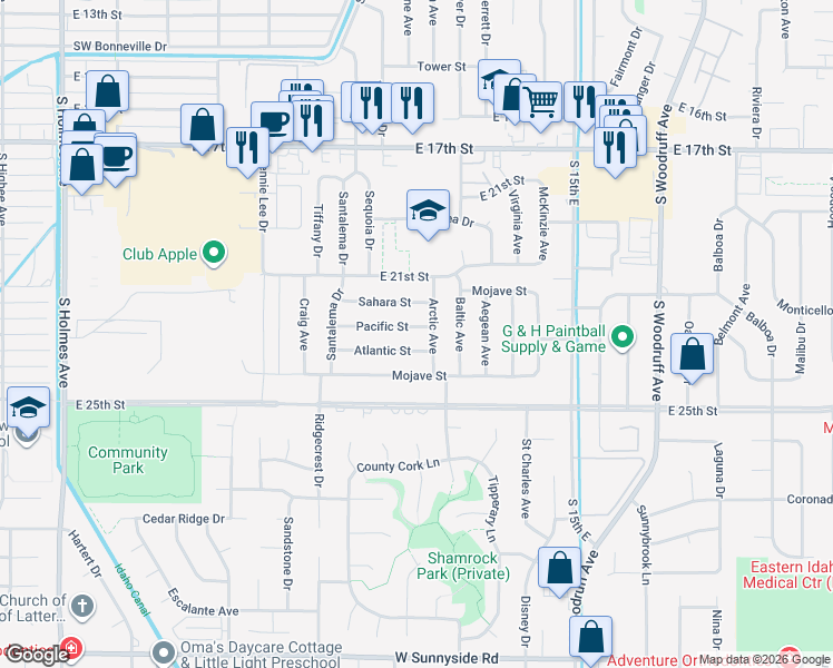 map of restaurants, bars, coffee shops, grocery stores, and more near 2253 Arctic Avenue in Idaho Falls