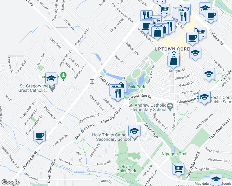 map of restaurants, bars, coffee shops, grocery stores, and more near 2545 Sixth Line in Oakville