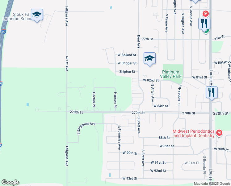 map of restaurants, bars, coffee shops, grocery stores, and more near 26995 Hanson Place in Sioux Falls