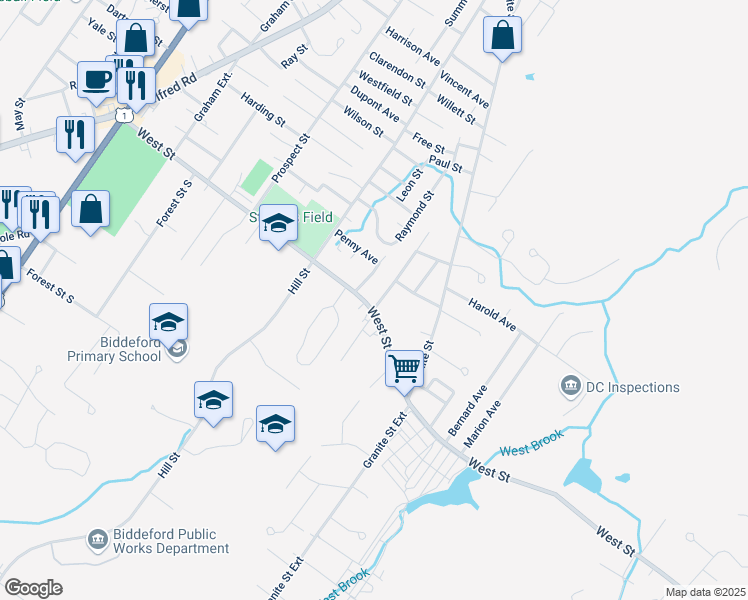 map of restaurants, bars, coffee shops, grocery stores, and more near 59 West Street in Biddeford