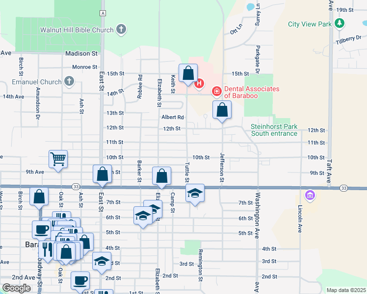 map of restaurants, bars, coffee shops, grocery stores, and more near 662 11th St in Baraboo