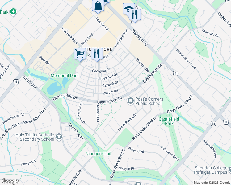 map of restaurants, bars, coffee shops, grocery stores, and more near 179 Roxton Road in Oakville