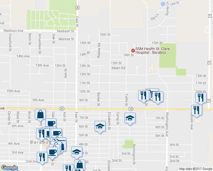 map of restaurants, bars, coffee shops, grocery stores, and more near 524 11th Street in Baraboo