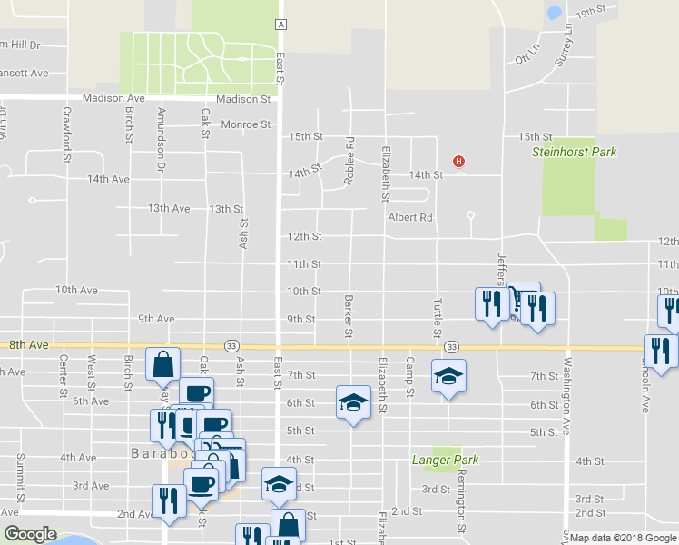 map of restaurants, bars, coffee shops, grocery stores, and more near 424 11th Street in Baraboo