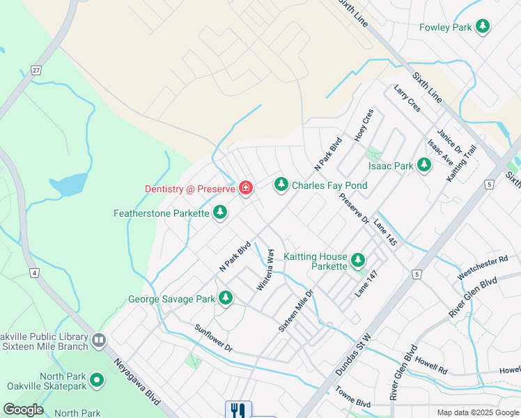 map of restaurants, bars, coffee shops, grocery stores, and more near 3265 Carding Mill Trail in Oakville