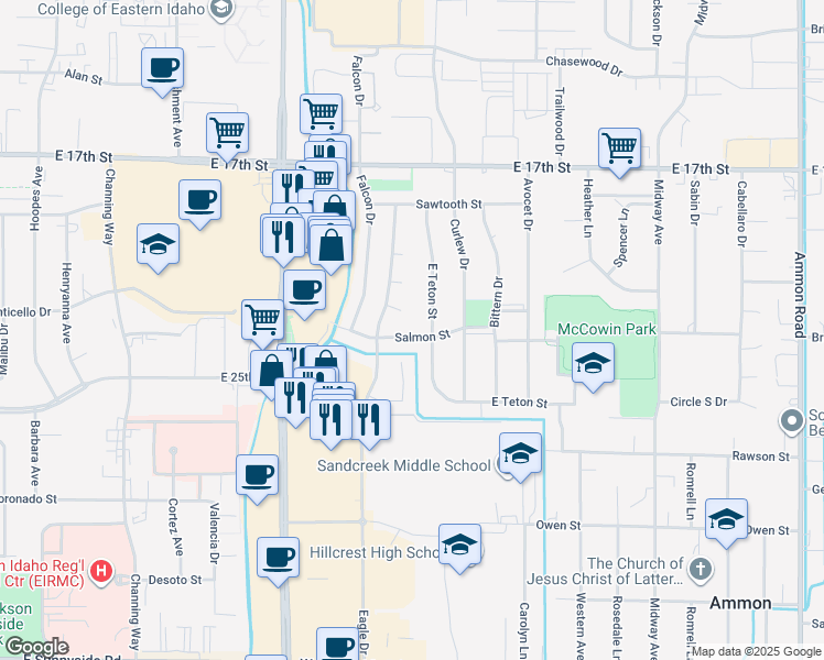 map of restaurants, bars, coffee shops, grocery stores, and more near 2765 Salmon Street in Ammon