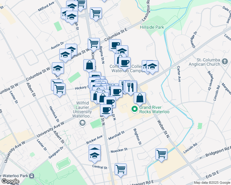 map of restaurants, bars, coffee shops, grocery stores, and more near 32 University Avenue East in Waterloo