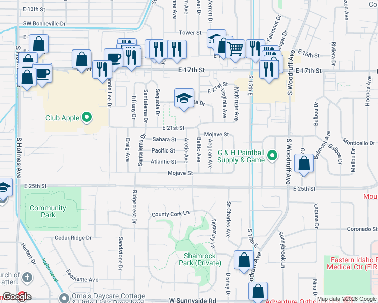 map of restaurants, bars, coffee shops, grocery stores, and more near 2253 Arctic Avenue in Idaho Falls