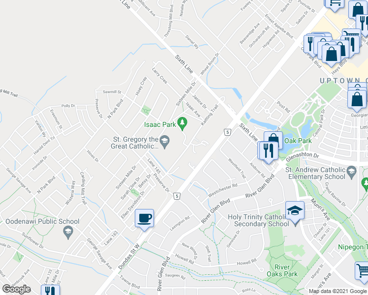 map of restaurants, bars, coffee shops, grocery stores, and more near 119 Kaitting Trail in Oakville