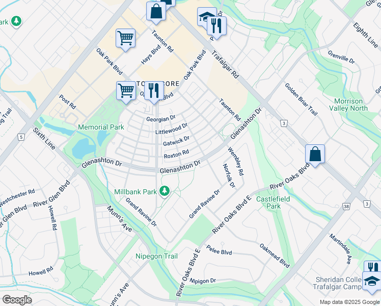 map of restaurants, bars, coffee shops, grocery stores, and more near 180 Roxton Road in Oakville