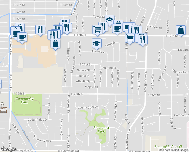 map of restaurants, bars, coffee shops, grocery stores, and more near Arctic Avenue in Idaho Falls