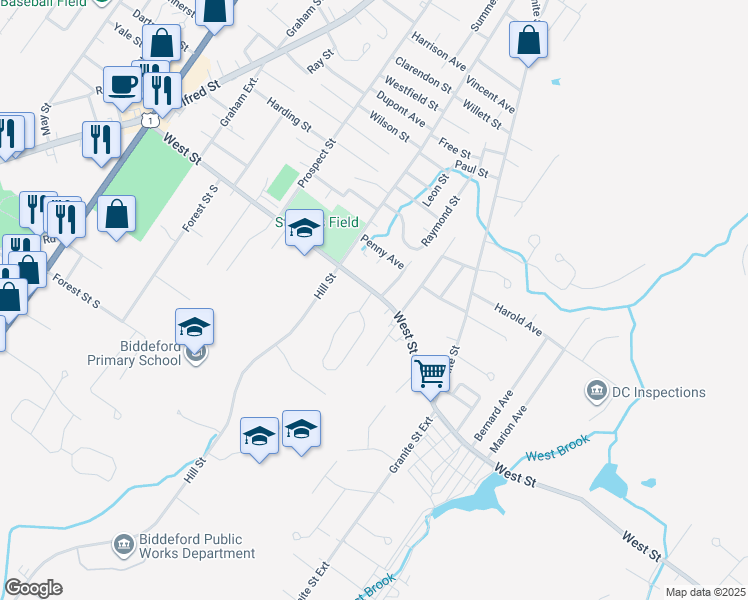 map of restaurants, bars, coffee shops, grocery stores, and more near 59 West Street in Biddeford
