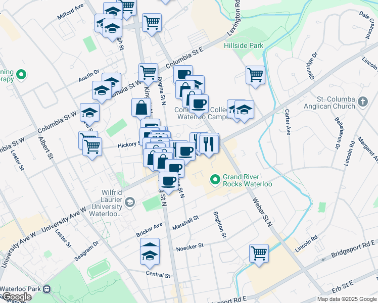 map of restaurants, bars, coffee shops, grocery stores, and more near 38 University Avenue East in Waterloo