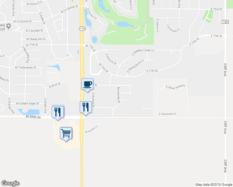 map of restaurants, bars, coffee shops, grocery stores, and more near 7415 Brookside Place in Sioux Falls