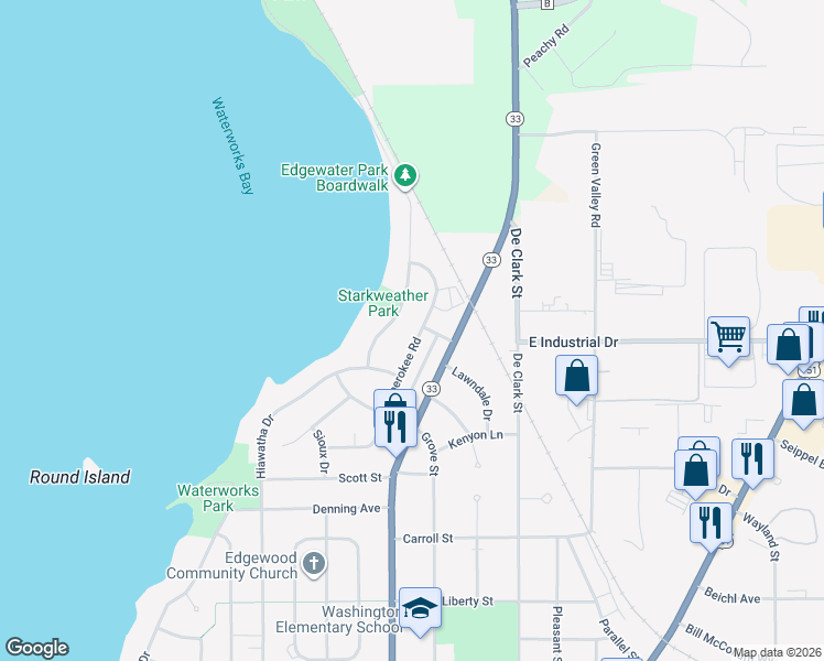 map of restaurants, bars, coffee shops, grocery stores, and more near 224 Cherokee Rd in Beaver Dam
