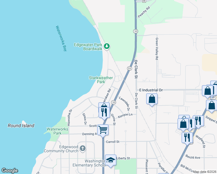 map of restaurants, bars, coffee shops, grocery stores, and more near 224 Cherokee Road in Beaver Dam