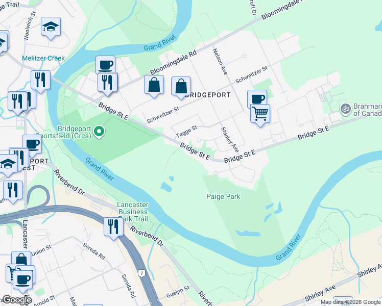map of restaurants, bars, coffee shops, grocery stores, and more near 164 Waterloo Regional Road 52 in Kitchener