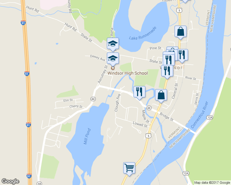 map of restaurants, bars, coffee shops, grocery stores, and more near 45 Union Street in Windsor