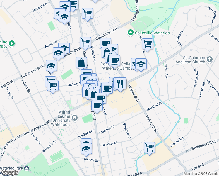 map of restaurants, bars, coffee shops, grocery stores, and more near 40 University Avenue East in Waterloo