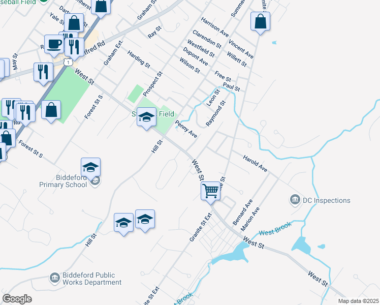 map of restaurants, bars, coffee shops, grocery stores, and more near 59 West Street in Biddeford