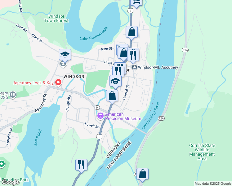 map of restaurants, bars, coffee shops, grocery stores, and more near 147 Main Street in Windsor