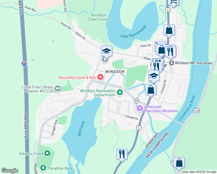 map of restaurants, bars, coffee shops, grocery stores, and more near 45 Union Street in Windsor