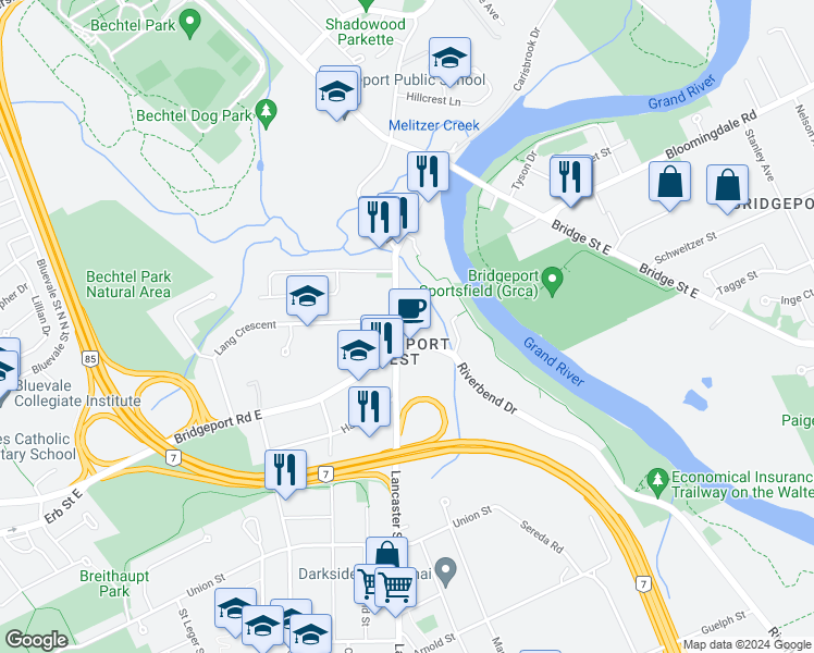 map of restaurants, bars, coffee shops, grocery stores, and more near in Kitchener