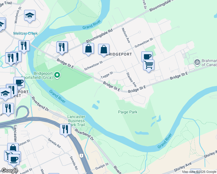 map of restaurants, bars, coffee shops, grocery stores, and more near 164 Waterloo Regional Road 52 in Kitchener