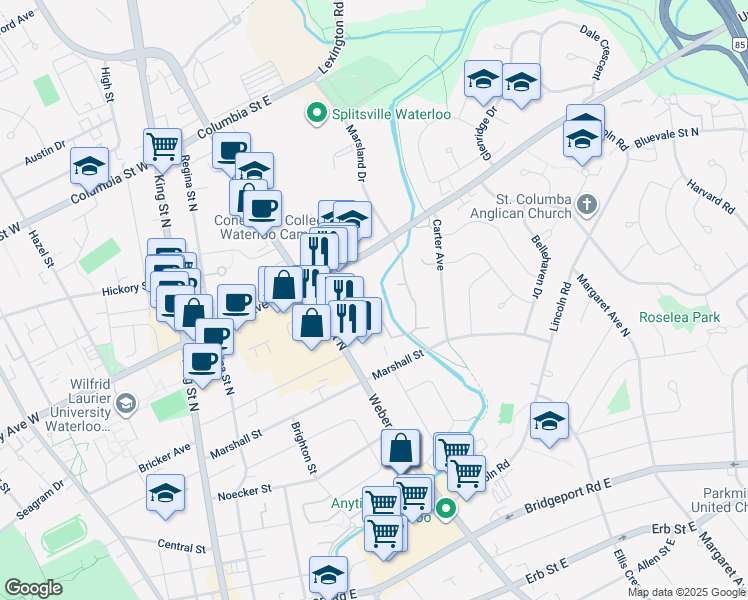 map of restaurants, bars, coffee shops, grocery stores, and more near 121 University Avenue East in Waterloo