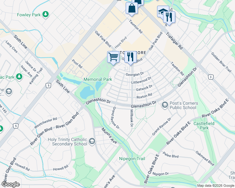 map of restaurants, bars, coffee shops, grocery stores, and more near 91 Roxton Road in Oakville