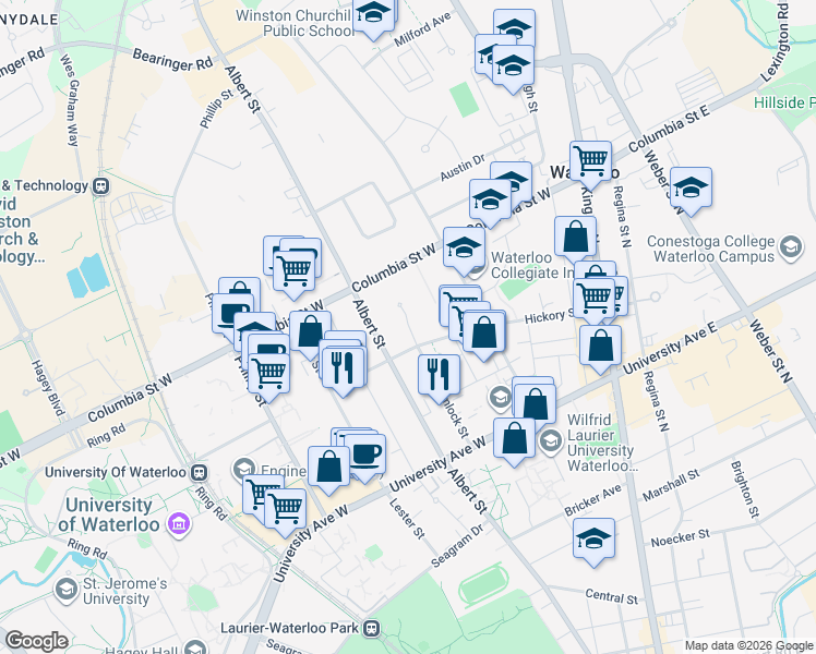 map of restaurants, bars, coffee shops, grocery stores, and more near 289 Hemlock Street in Waterloo