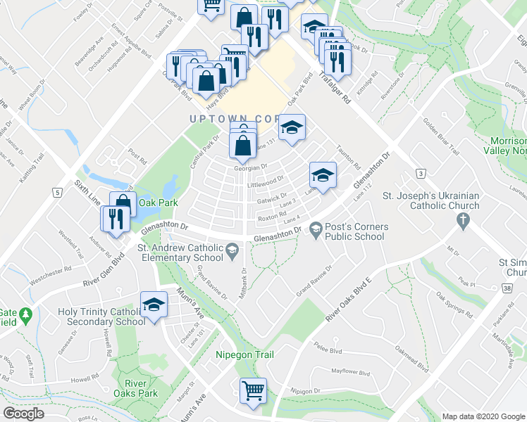 map of restaurants, bars, coffee shops, grocery stores, and more near 147 Lane 1 in Oakville