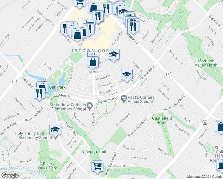map of restaurants, bars, coffee shops, grocery stores, and more near 179 Roxton Road in Oakville