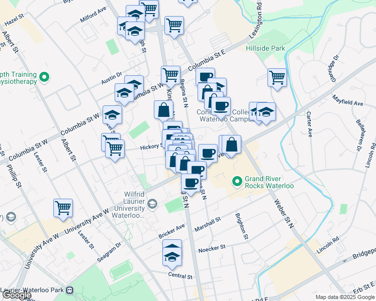 map of restaurants, bars, coffee shops, grocery stores, and more near 265 Regina Street North in Waterloo