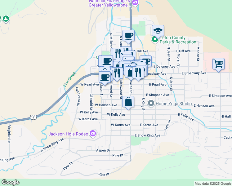 map of restaurants, bars, coffee shops, grocery stores, and more near 155 West Simpson Avenue in Jackson