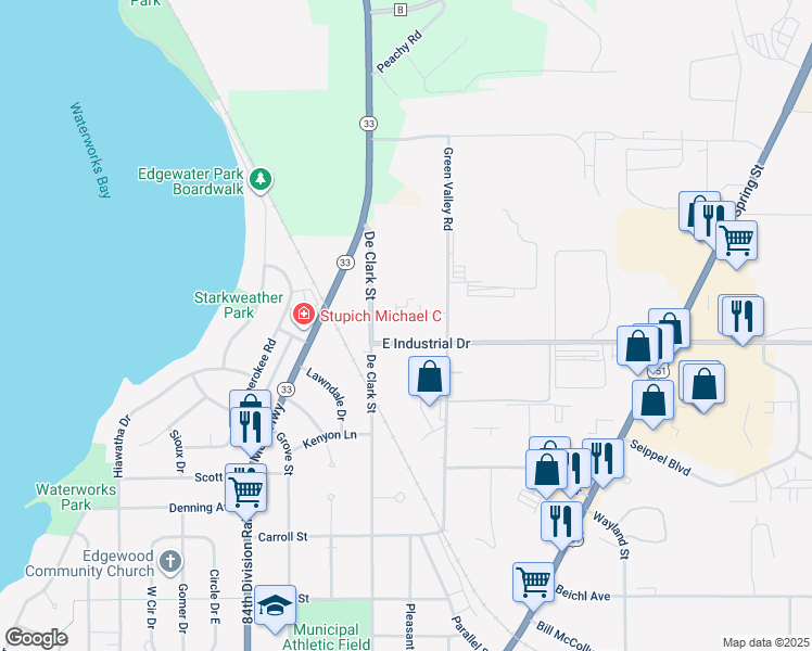 map of restaurants, bars, coffee shops, grocery stores, and more near 200 Industrial Drive in Beaver Dam