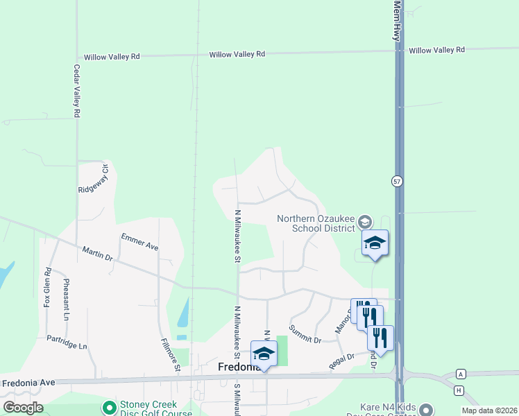 map of restaurants, bars, coffee shops, grocery stores, and more near 341 Deer Meadow Drive in Fredonia