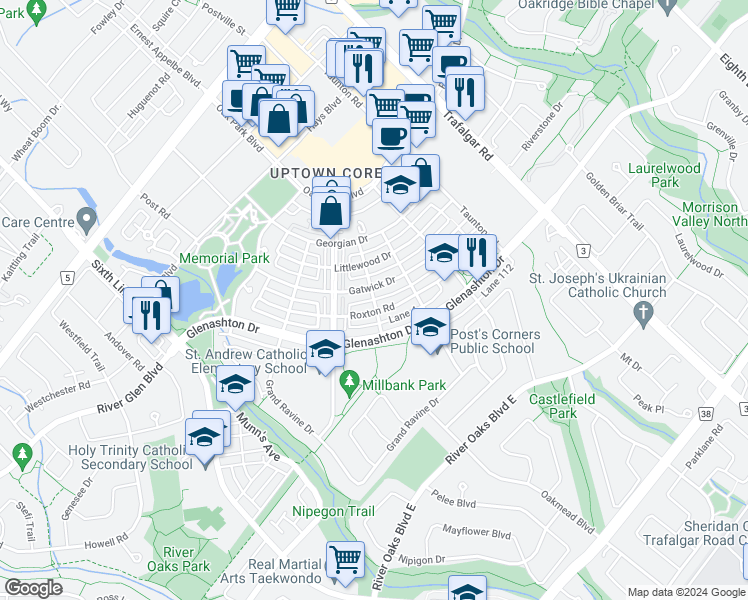 map of restaurants, bars, coffee shops, grocery stores, and more near Rougecrest Drive in Oakville