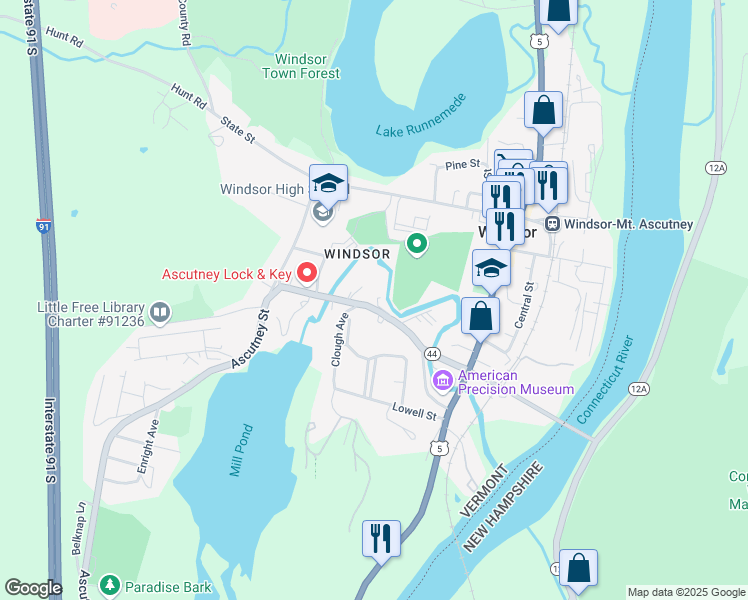 map of restaurants, bars, coffee shops, grocery stores, and more near 284 Union Street in Windsor