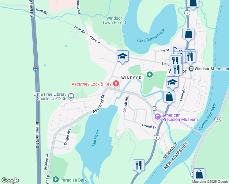 map of restaurants, bars, coffee shops, grocery stores, and more near 73 Union Street in Windsor