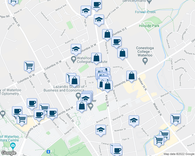 map of restaurants, bars, coffee shops, grocery stores, and more near 298 Spruce Street in Waterloo