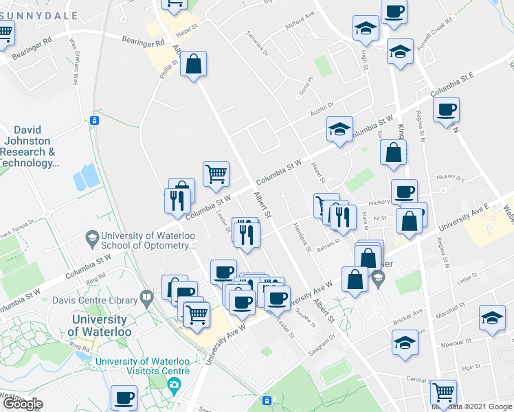 map of restaurants, bars, coffee shops, grocery stores, and more near in Waterloo