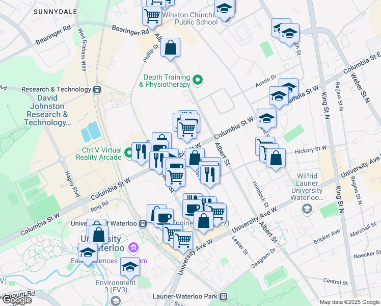 map of restaurants, bars, coffee shops, grocery stores, and more near 139 Columbia Street West in Waterloo