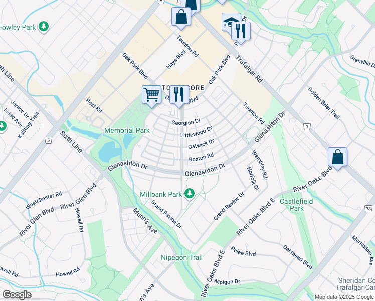 map of restaurants, bars, coffee shops, grocery stores, and more near 2321 Parkhaven Boulevard in Oakville