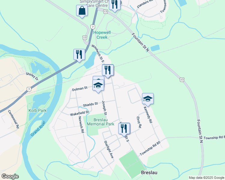map of restaurants, bars, coffee shops, grocery stores, and more near 96 Woolwich Street South in Breslau