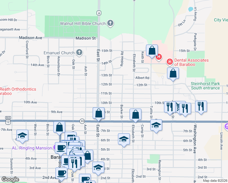 map of restaurants, bars, coffee shops, grocery stores, and more near 424 11th Street in Baraboo
